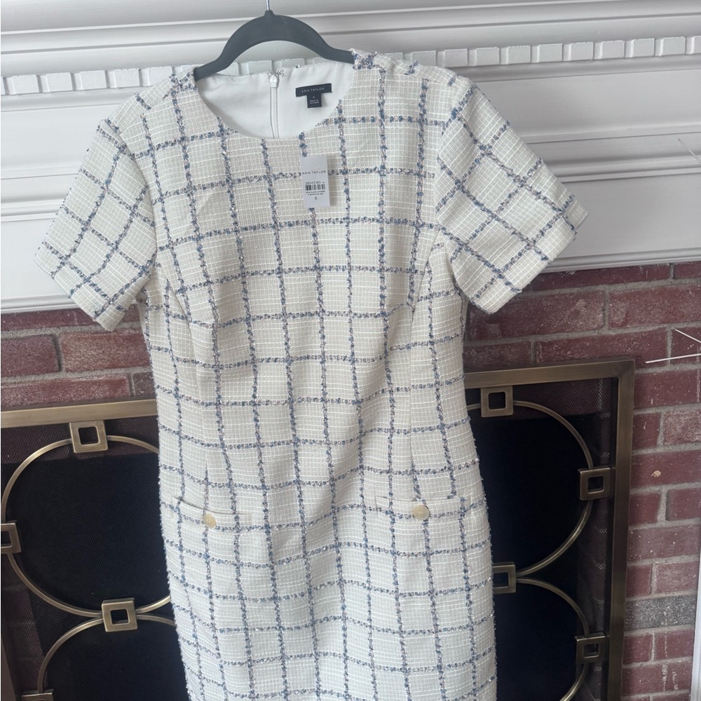 Ann Taylor White and Navy Checkered Midi Dress